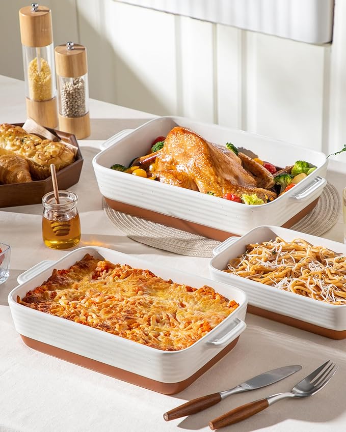 MALACASA Casserole Dishes for Oven, Ceramic Baking Dishes Set of 3, Baking Pan Casserole Dish Set