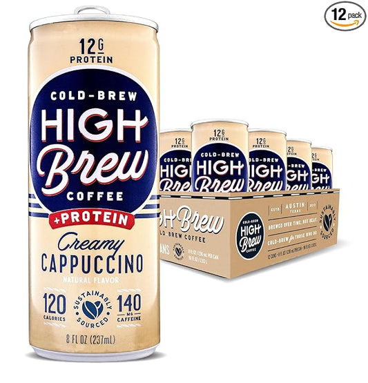 High Brew Coffee, Cold Brew Coffee, Creamy Cappucino, Plus 12g Protein, 8 Fl Oz, Ready-To-Drink