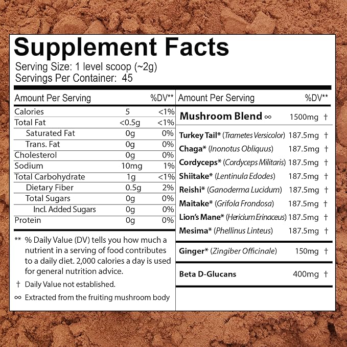 Organic 8 Mushroom Immunity Powder, Non-GMO - Turkey Tail, Chaga, Cordyceps, Shiitake, Reishi