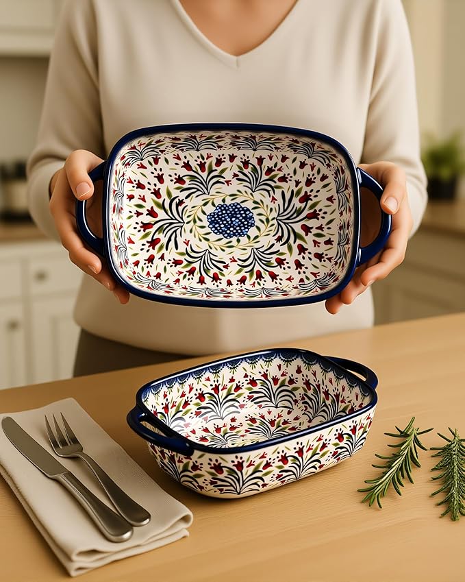 Ceramic Baking Dish Set of 2 ??Decorative Polish Pottery Style Casserole Dishes with Handles, Cute