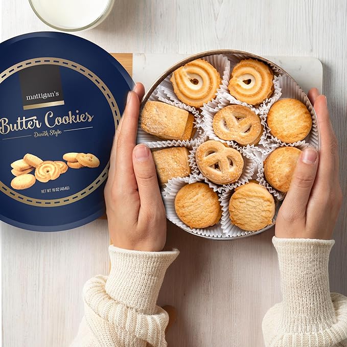 Mattigan's Butter Cookies Traditional Danish Style Cookie Assortment, 16 Oz Tin, Gourmet Gifts for