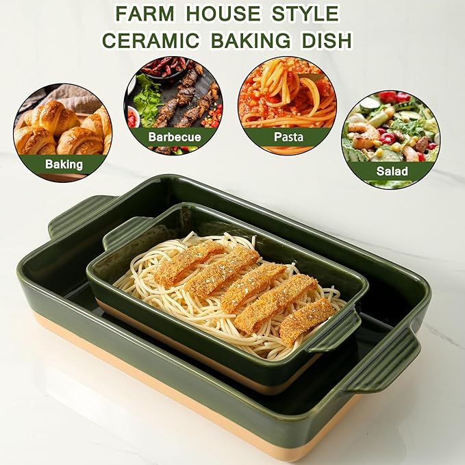 Ceramic Baking Casserole Dish with Handles, Large 9x13 inch Pan and Middle Baking Pan - Porcelain