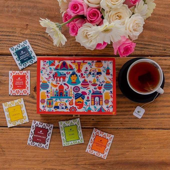 Octavius Gift's Select - Assorted Tea in Multi Design Printed Wooden Box | 6 Flavors, 90 Tea Bags |