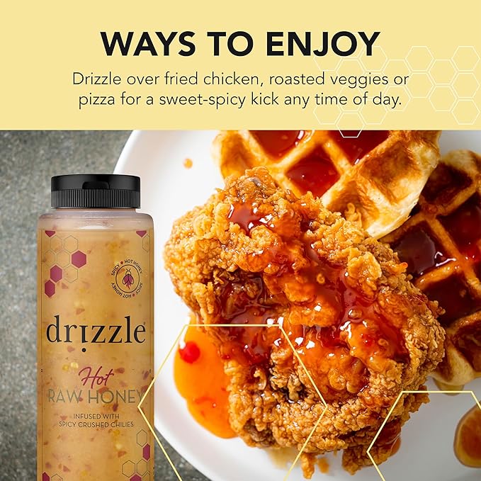 Drizzle Hot Honey - All Natural Raw Spicy Honey Sauce, Infused with Organic Chilies, Unfiltered &