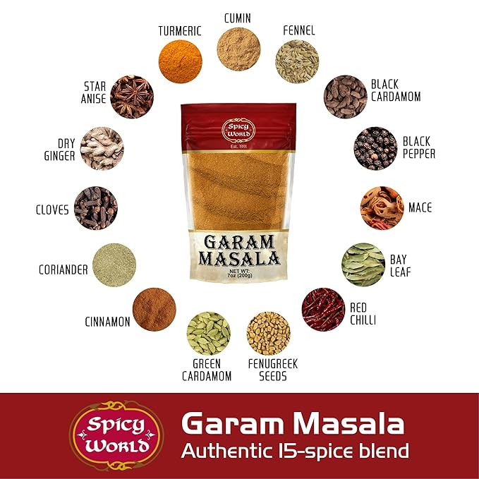 Spicy World Garam Masala Powder 7-Ounce (15 Premium Spice Blend) | Salt Free, Vegan | Indian Origin