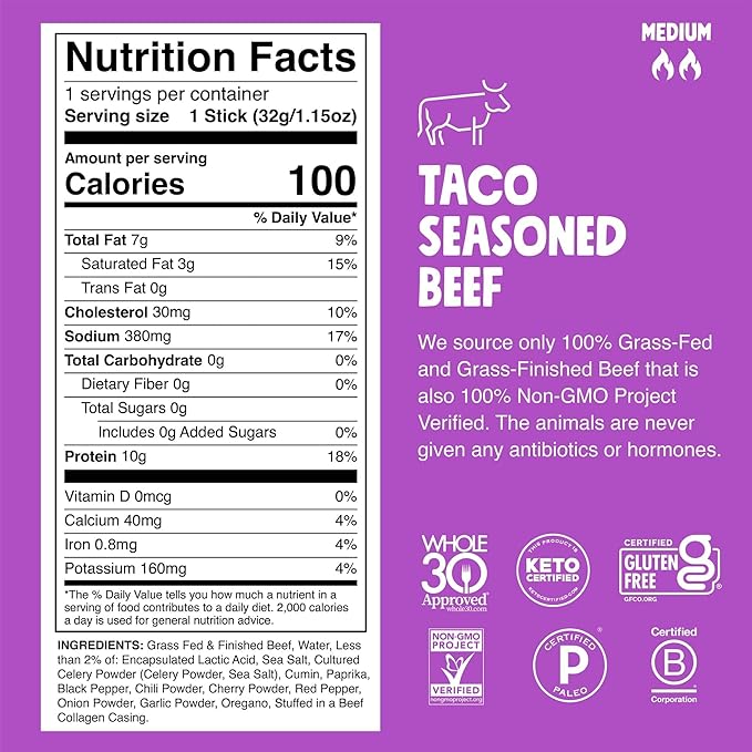 Chomps Grass-Fed and Finished Taco Beef Jerky Snack Sticks 10-Pack - Keto, Paleo, Whole30, 10g Lean