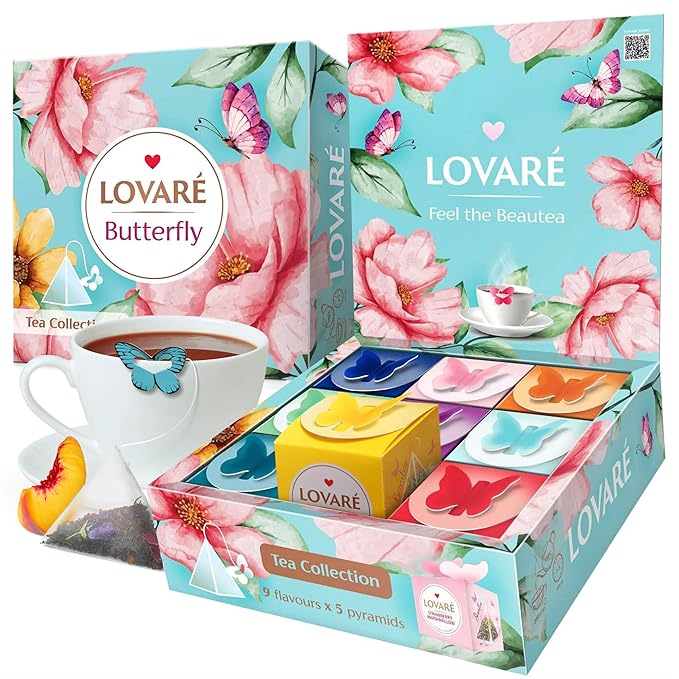 LOVARE Assorted Tea Pyramid Bags 45 Pack - Made in Ukraine - 9 Tastes of Tea Sampler Pyramids