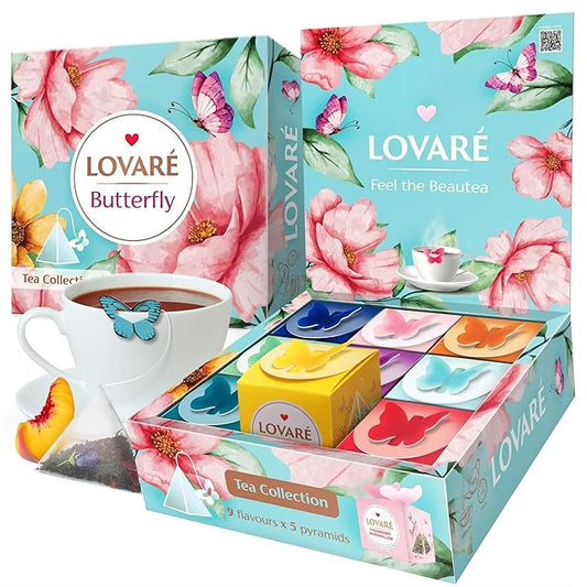 LOVARE Assorted Tea Pyramid Bags 45 Pack - Made in Ukraine - 9 Tastes of Tea Sampler Pyramids