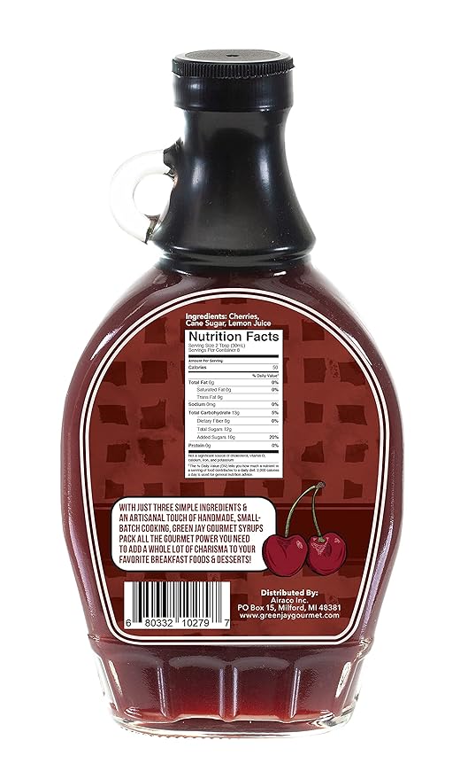 Green Jay Gourmet Tart Cherry Syrup - Premium Breakfast Syrup with Sweet Cherries, Cane Sugar &
