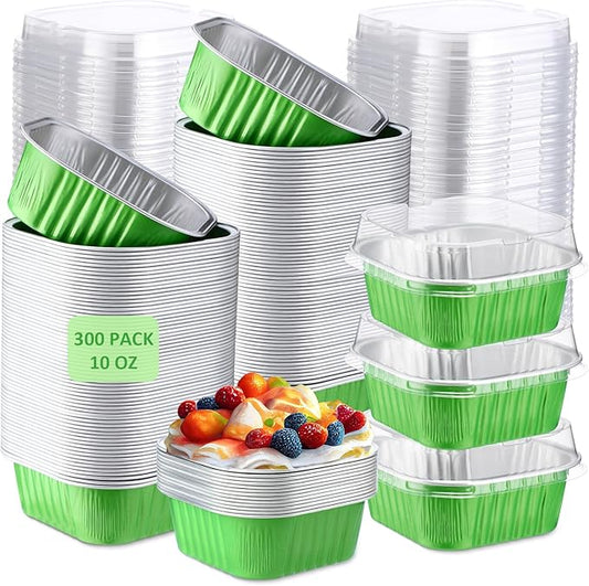 Aoriher 300 Pieces 10 oz Mini Cake Pans with Lids, Aluminum Foil Baking Cups, Square Disposable