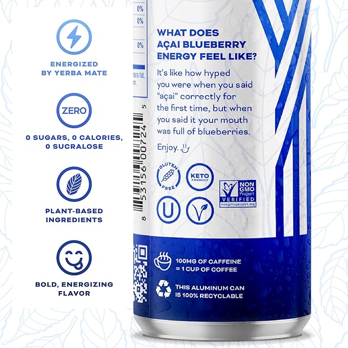 Yerbaé Energy Seltzer - Acai Blueberry, No Sugar/Calories/Carbs. Energized by Yerba Mate, Naturally