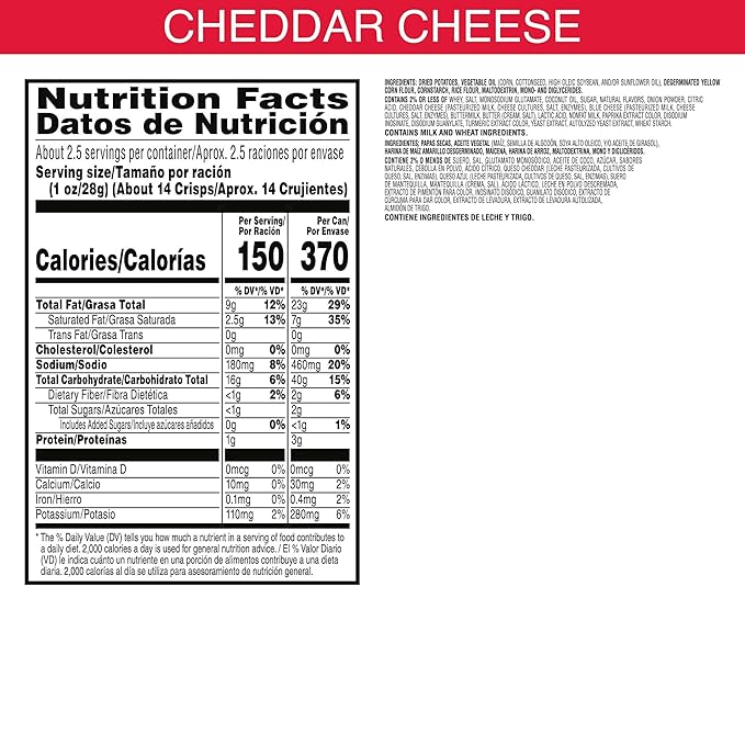 Pringles Potato Crisps Chips, Lunch Snacks, Office and Kids Snacks, Grab N' Go, Cheddar Cheese (12