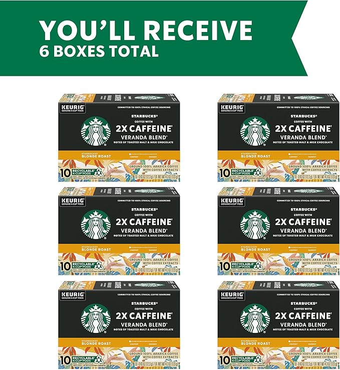 Starbucks K-Cup Coffee Pods, Starbucks Blonde Roast Coffee With 2X Caffeine Veranda Blend For
