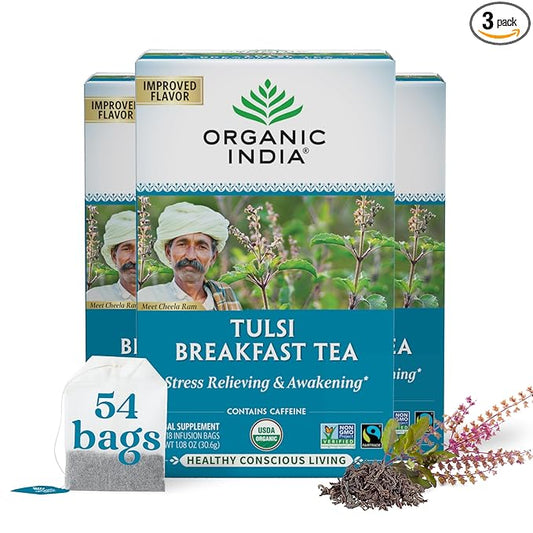ORGANIC INDIA Tulsi Breakfast Herbal Tea - Black Tea, Holy Basil, Relieve Stress & Energize, USDA