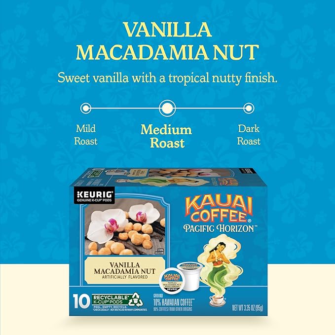 Kauai Coffee K-Cup Pods for Keurig Brewers – Arabica Coffee, 10% Hawaiian – Medium Roast, Vanilla