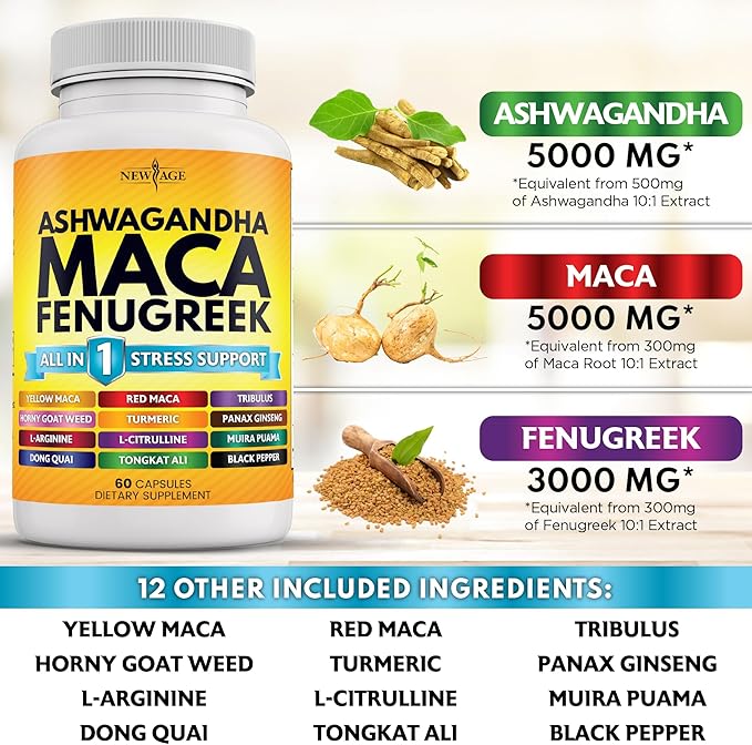 NEW AGE Ashwagandha Maca Root Fenugreek Supplement with Tongkat Ali Ginseng - Assists with Overall