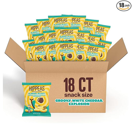 Hippeas Chickpea Puffs, Flavor Blast: White Cheddar Explosion, 0.75 Ounce (Pack of 18), 3g Protein