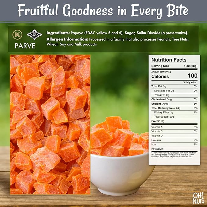 Oh! Nuts Dried Papaya Chunks - 2 lb - Dried Fruit Chunks - Less Sugar Added - Dehydrated Fruit