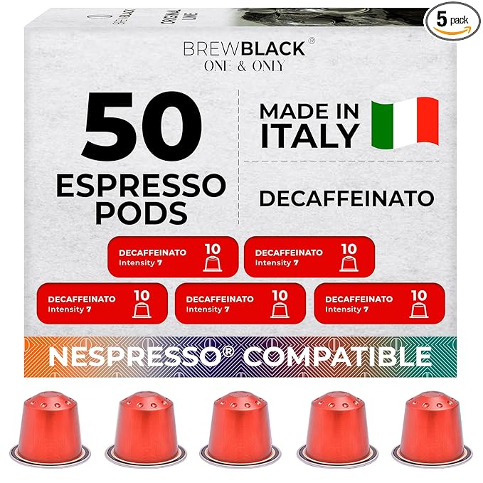 BrewBlack Decaffeinato Coffee Capsules - 50 Aluminum Coffee Pods Compatible with Nespresso Original
