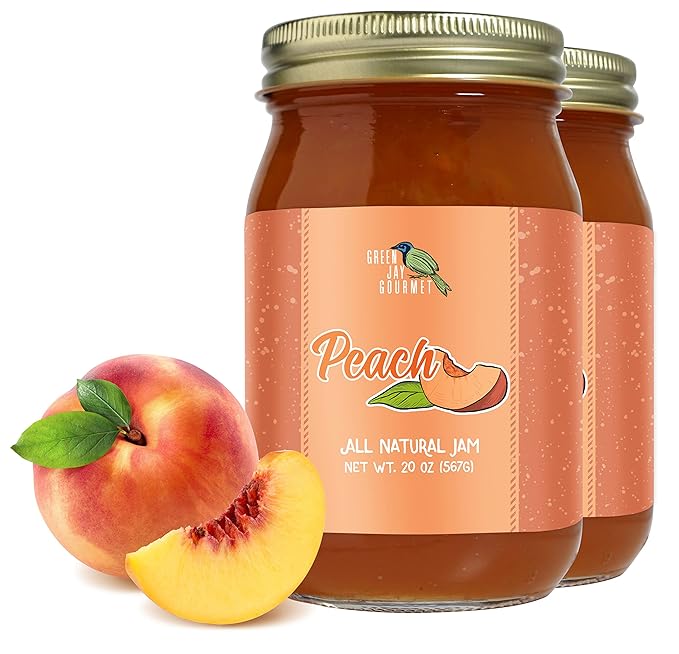 Green Jay Gourmet Peach Jam - All-Natural Fruit Jam with Peaches & Lemon Juice - Vegan, Gluten-free