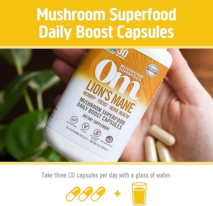OM MUSHROOM SUPERFOOD Lion's Mane Mushroom Capsules Superfood Supplement, 180 Count, 60 Days, Fruit