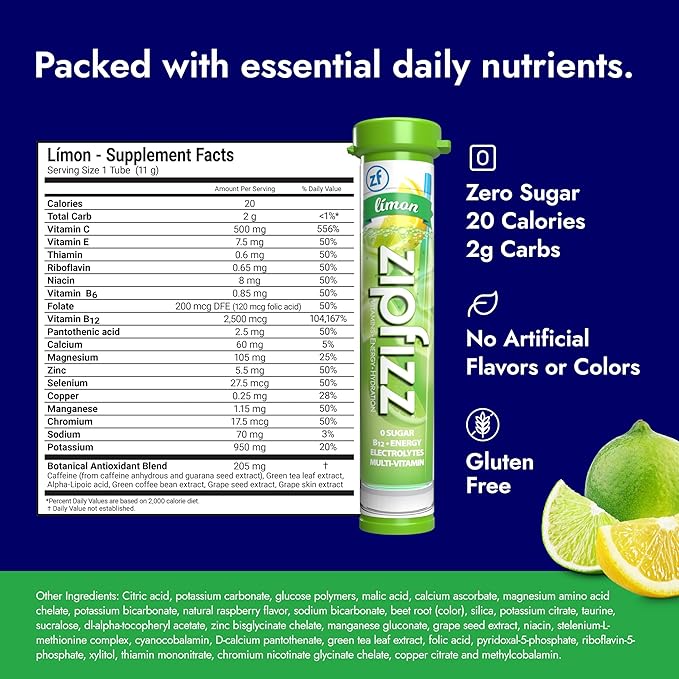 Zipfizz Daily Energy Drink Powder, Limon, 20 Pack | 3-in-1 Sustained Energy, Rapid Hydration, and