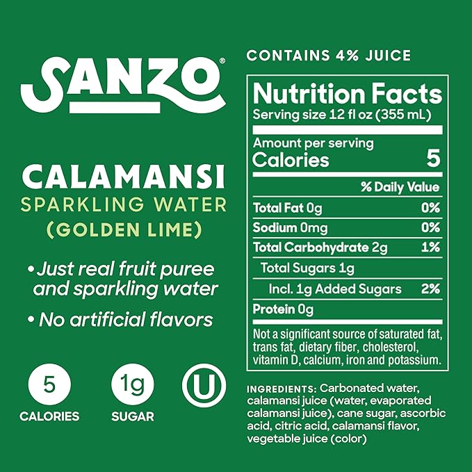 Sanzo Flavored Sparkling Water - Golden Lime Seltzer (Calamansi) - Low Calorie Low Sugar Soda
