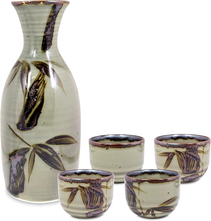 Product of Gifu Japan Japanese Sake Set, 1 Tokkuri Bottle Carafe and 4 Ochoko Cups Ceramic Sake