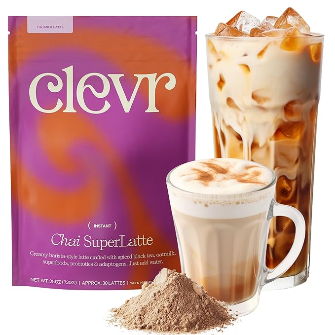 Clevr Blends Chai Tea Latte, Instant Superfood Powder Blend with Oat Milk, Lions Mane, Reishi