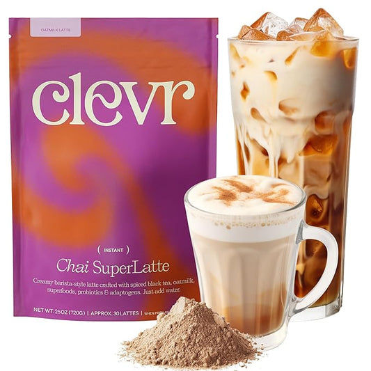 Clevr Blends Chai Tea Latte, Instant Superfood Powder Blend with Oat Milk, Lions Mane, Reishi
