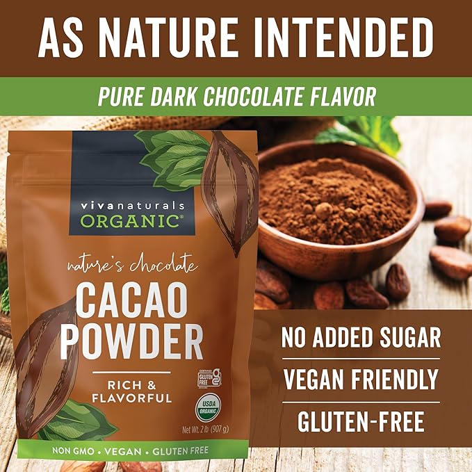 Viva Naturals Organic Cacao Powder, 2lb - Unsweetened Cocoa Powder With Rich Dark Chocolate Flavor