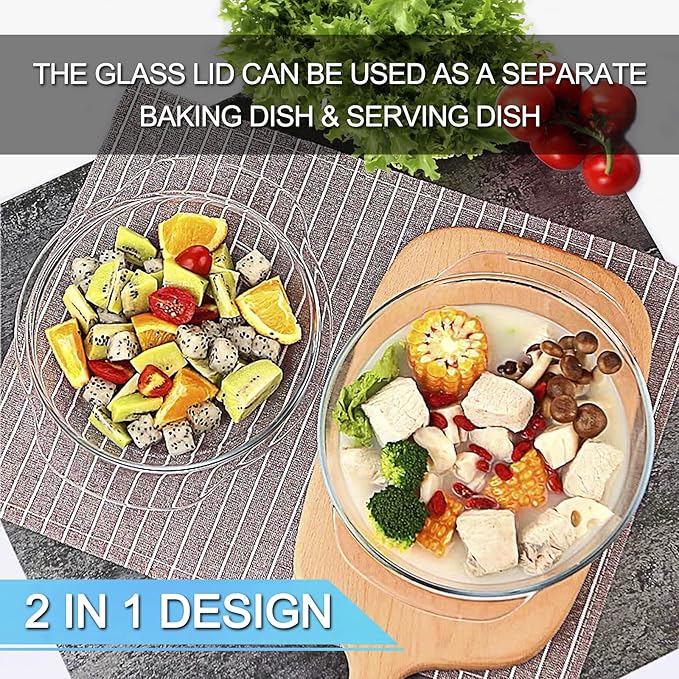 Round Tempered Glass Casserole Dish with Lid, Glass Casserole Baking Dish for Oven, Freezer and