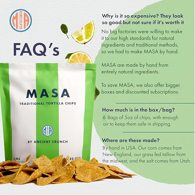MASA Chips - Lime Flavored Tortilla Chips, Handmade Corn Chips & Crisps - Naturally Grown White