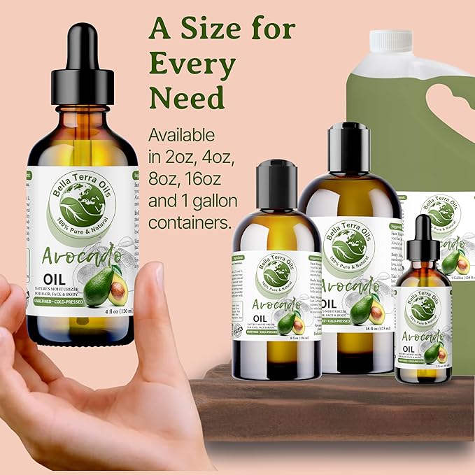 Bella Terra Oils - Avocado Oil 4oz - Pure Essence of Cold-Pressed Avocado, Boosted with Vitamin A
