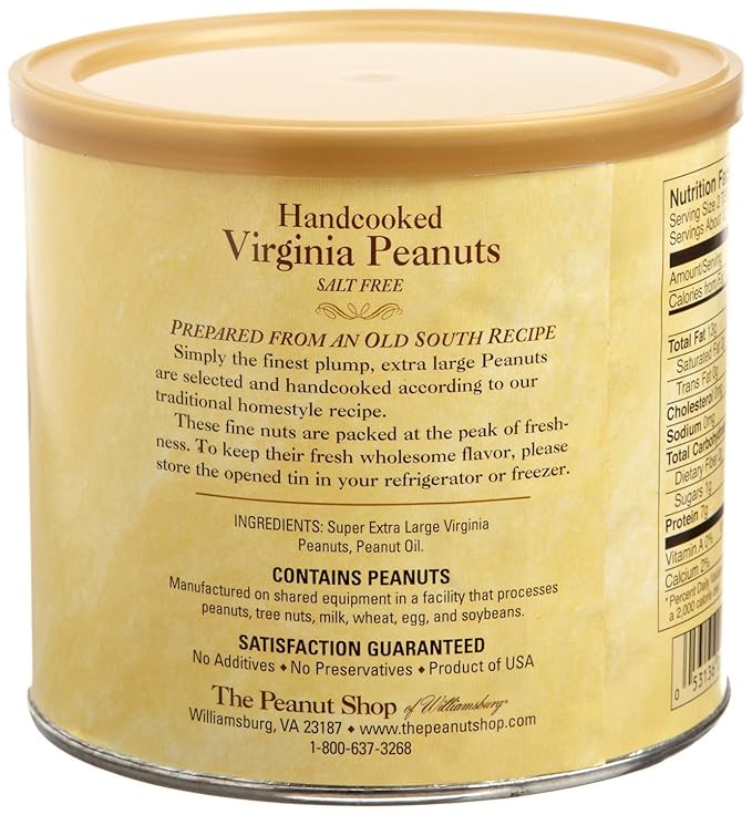 The Peanut Shop of Williamsburg Unsalted Williamsburg Virginia Peanuts, Non-Gmo Handcooked Salt