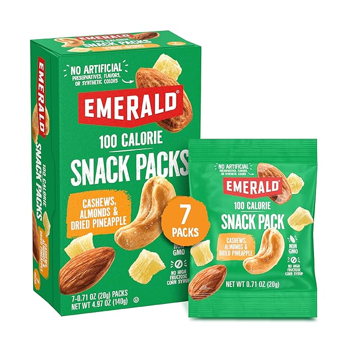 Emerald Nuts Cashews and Almonds with Dried Pineapple 7 Ct (1-Pack), 100-Calorie Individual Packs