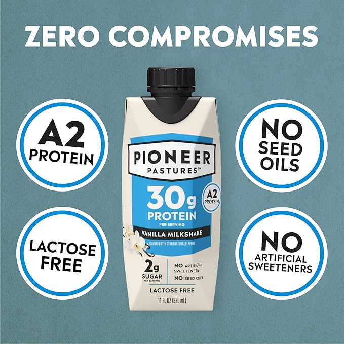 Pioneer Pastures - High Protein A2 Milkshakes - Vanilla - A2 Nutritional Milk, 30g Protein, 2g