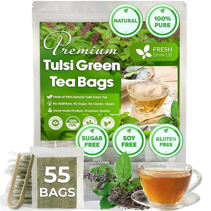 FreshDrinkUS, Premium 55 Tulsi Green Tea Bags, 100% Natural, Blend of Tulsi Holy Basil Leaves, and