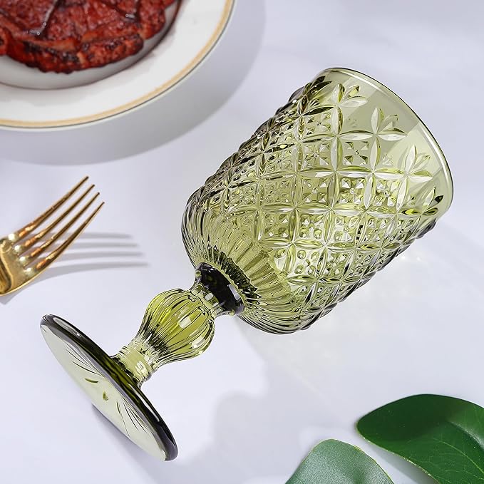 Joeyan Green Vintage Wine Glasses,Water Goblet Glasses,Stemmed Drinking Glasses with Embossed