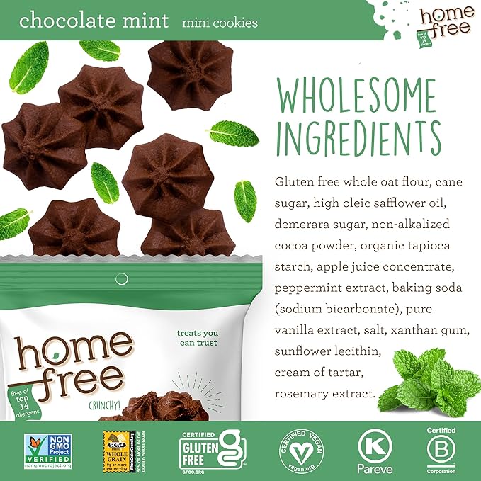 Homefree Chocolate Mint Mini Cookies, Gluten Free, Nut Free, Vegan, Individually Wrapped Packs