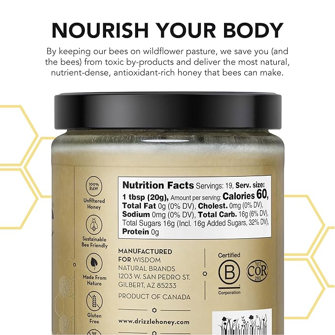 Drizzle White Raw Honey - All Natural Pure Raw Honey, Unfiltered & Unheated, Use in Tea & Coffee