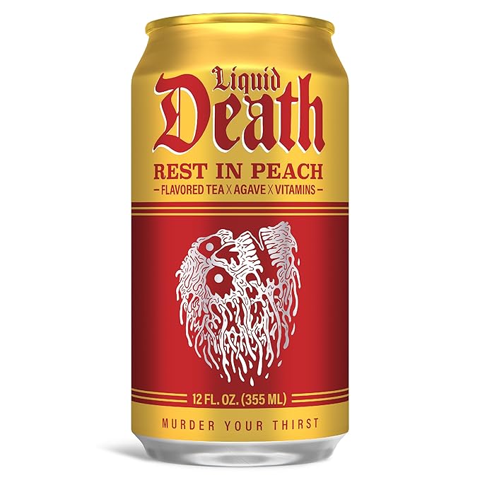 Liquid Death, Rest in Peach Iced Tea, 12-Pack (12 oz Cans), Peach Flavored Back Tea, Low Calorie
