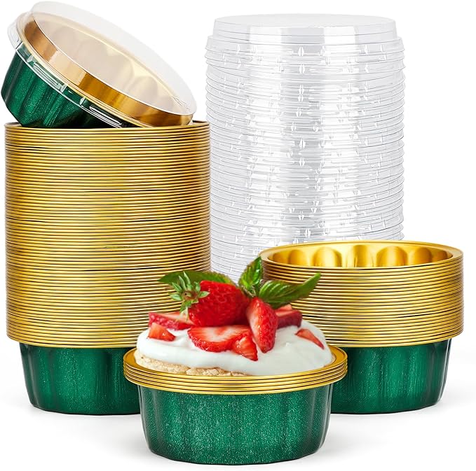 Beasea Aluminum Disposable Ramekins with Lids, 8oz 100 Pack Jade Green, Aluminum Foil Cups for