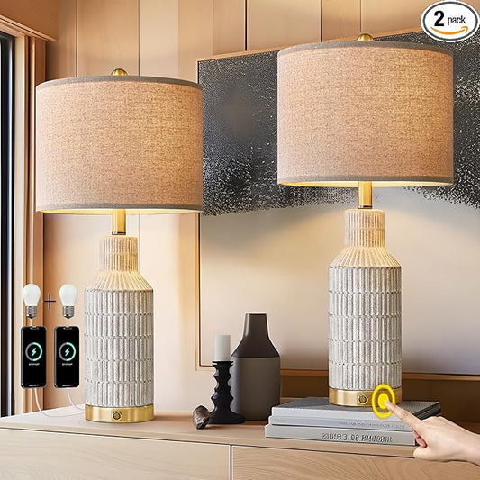 25" Modern 3-Way Dimmable Touch Control with USB A+C Ceramic Lamps Set of 2 Table Lamp for Living