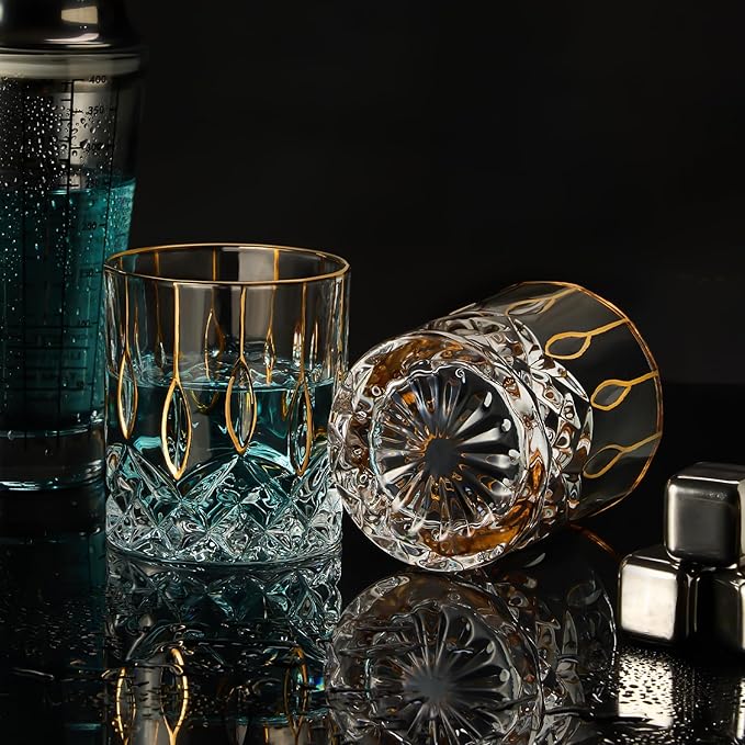 Gold Rim Whiskey Glasses Set of 2,Crystal Old Fashioned Glasses-Luxury Gold Collection,Perfect for