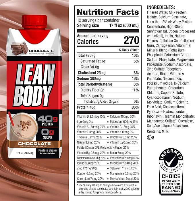 Lean Body Ready-to-Drink Chocolate Protein Shake, 40g Protein, Whey Blend, 0 Sugar, Gluten Free, 22