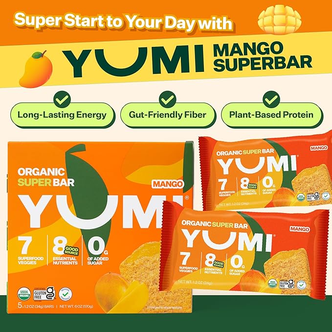 YUMI Organic Breakfast Superbar, Gluten-Free, No Added Sugar, 7+ Vegetables, Soft-Baked Crust