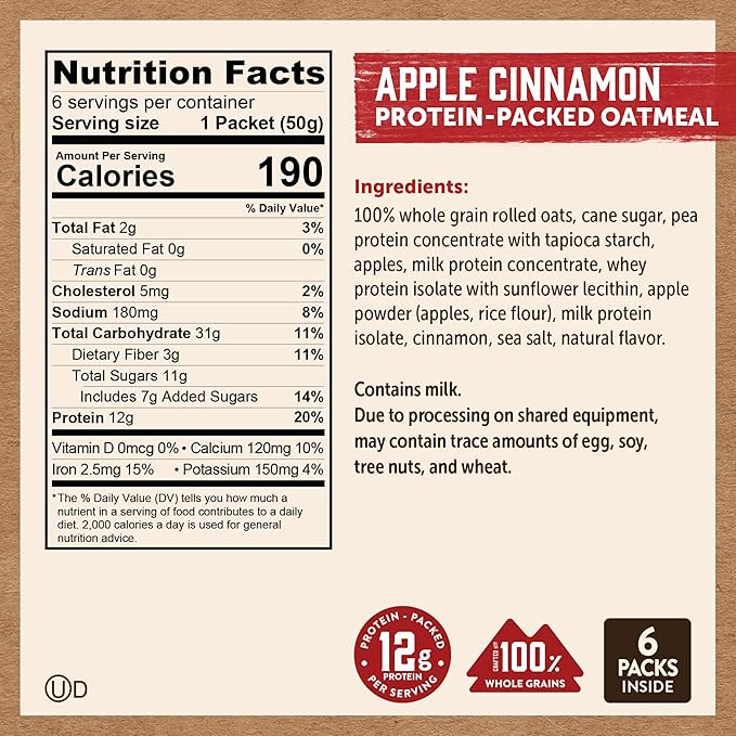 Kodiak Cakes Instant Oatmeal Packets, Apple Cinnamon, High Protein, 100% Whole Grains, 6 boxes with