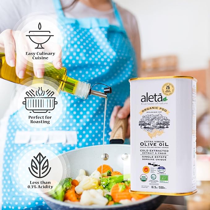 Aleta Farms Olive Oil Extra Virgin, USDA Organic, Single Estate PDO Polyphenol Rich Olive Oil, Cold