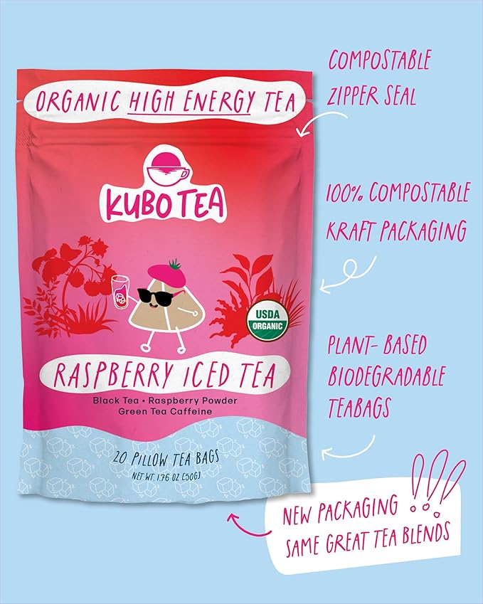 Kubo Tea Organic High Energy Iced Tea - High Caffeine Raspberry Blend - Healthy Coffee Substitute